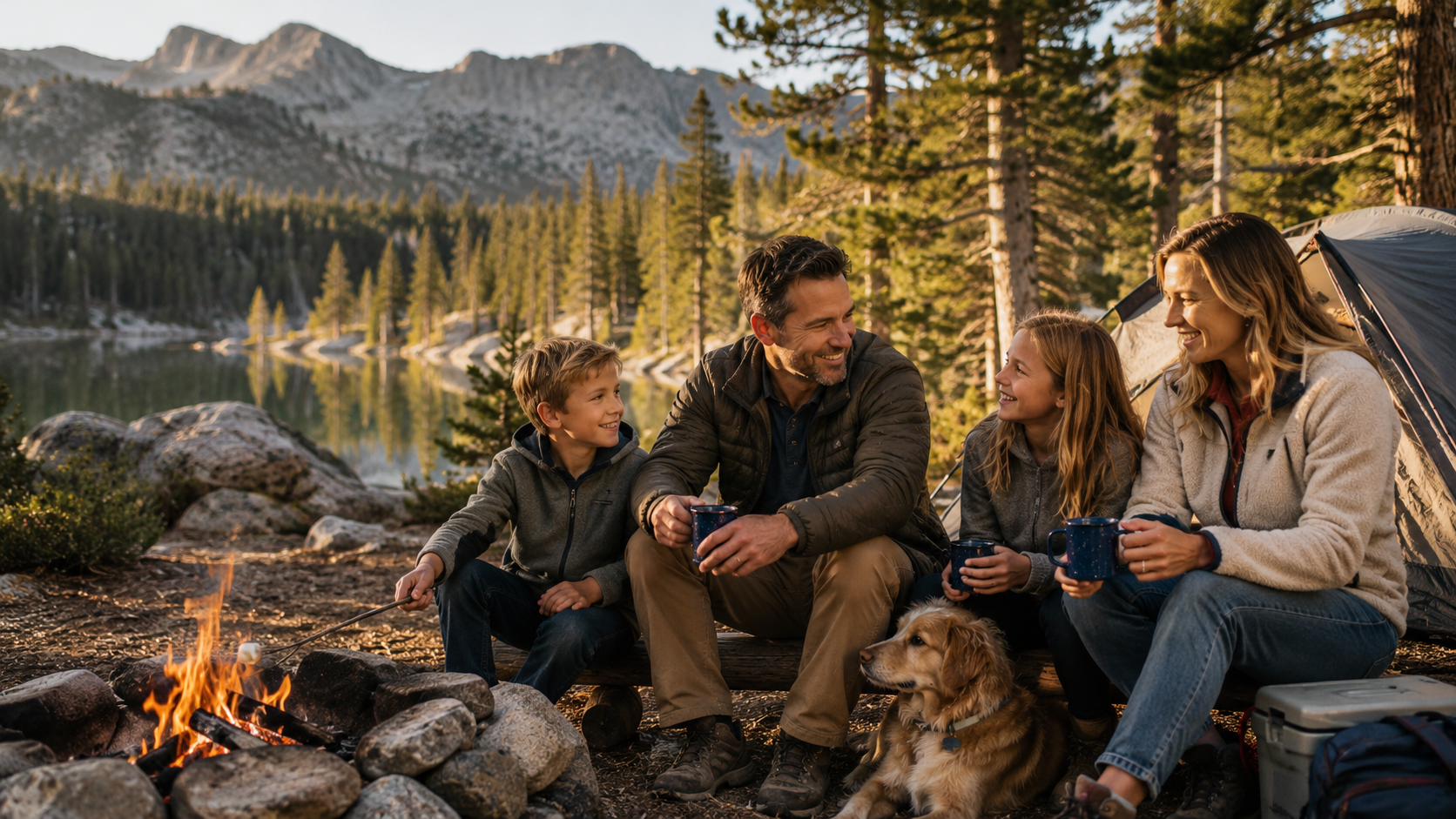 Family enjoying the outdoors together by a mountain lake campsite